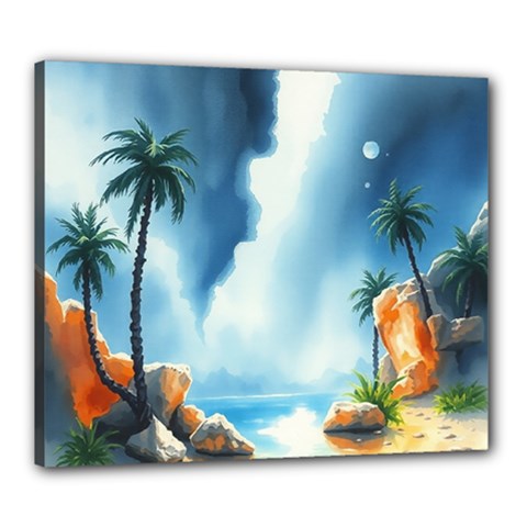 Delicate Watercolor Painting Surreal Oasis Scene With Intense Dramatic Lighting Canvas 24  X 20  (stretched) by pollyparadiseartshop