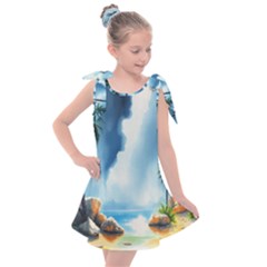 Delicate Watercolor Painting Surreal Oasis Scene With Intense Dramatic Lighting Kids  Tie Up Tunic Dress by pollyparadiseartshop