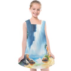 Delicate Watercolor Painting Surreal Oasis Scene With Intense Dramatic Lighting Kids  Cross Back Dress by pollyparadiseartshop