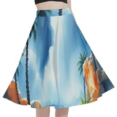 Delicate Watercolor Painting Surreal Oasis Scene With Intense Dramatic Lighting A-line Full Circle Midi Skirt With Pocket by pollyparadiseartshop