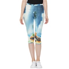 Delicate Watercolor Painting Surreal Oasis Scene With Intense Dramatic Lighting Inside Out Lightweight Velour Capri Leggings  by pollyparadiseartshop