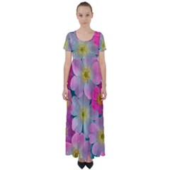 Pink Neon Flowers Flower High Waist Short Sleeve Maxi Dress by Cemarart