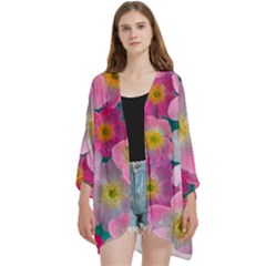 Pink Neon Flowers Flower Open Front 3/4 Sleeve Batwing Chiffon Cardigan Kimono by Cemarart