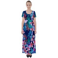 Hawaiian Flowers Hawaii High Waist Short Sleeve Maxi Dress by Cemarart