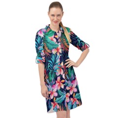 Hawaiian Flowers Hawaii Long Sleeve Mini Shirt Dress by Cemarart