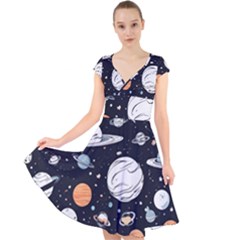 Space Galaxy Universe Stars Sky Cap Sleeve Front Wrap Midi Dress by Paksenen