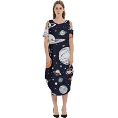 Space Galaxy Universe Stars Sky Cold Shoulder Loose Fit Dress With Pockets by Paksenen