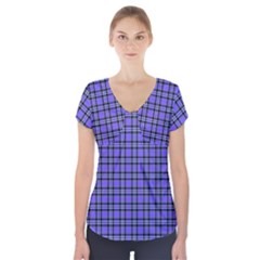 Blue Tartan Plaid 1 Short Sleeve Front Detail Top by dressshop