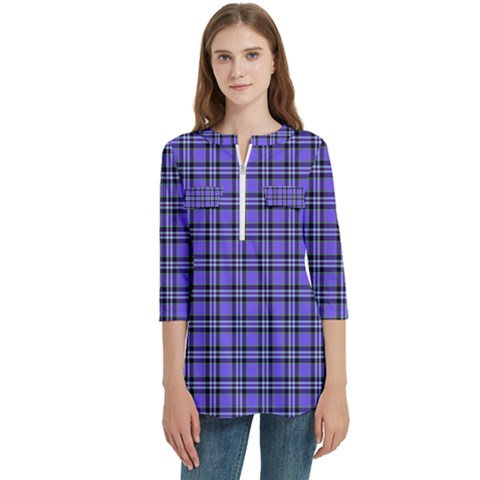 Blue Tartan Plaid 1 Women s Zip Front V-neck 3/4 Sleeve Casual Top Pocket Shirt by dressshop