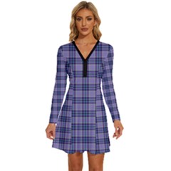 Purple Plaid Tartan 1 Long Sleeve Deep V Mini Dress  by dressshop