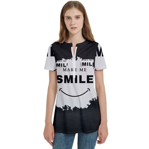 Black And White Simple Make Me Smile T Shirt 20250203 014057 0000 Women s Zip Front V-neck Short Sleeve Casual Top Pocket Shirt by Cowcow2005