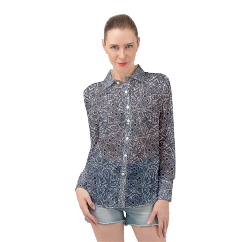 Blue Ornament Complex Mosaic Print Pattern Long Sleeve Chiffon Shirt by dflcprintsclothing