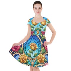 Roses Floral Stained Glass Vibrant Cap Sleeve Midi Dress by Grandong