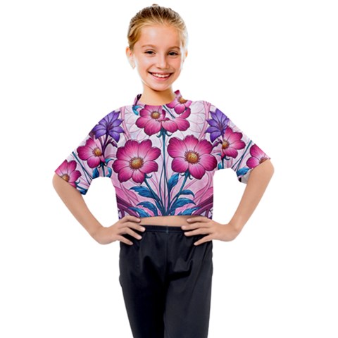 Fantasy Pink Flowers Stained Glass Kids Mock Neck T-shirt by Grandong