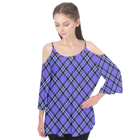 Blue Tartan Plaid 1 Diagonal Flutter Sleeve T-shirt by dressshop