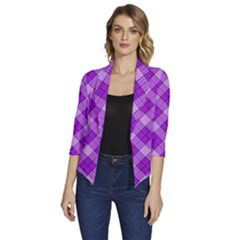 Purple Plaid Tartan 3 Diagonal (2) Women s Draped Front 3/4 Sleeve Shawl Collar Jacket by dressshop