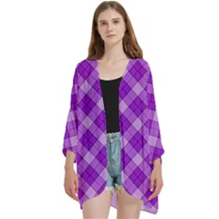 Purple Plaid Tartan 3 Diagonal (2) Open Front 3/4 Sleeve Batwing Chiffon Cardigan Kimono by dressshop