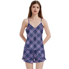 Purple Plaid Tartan 1 Diagonal V-neck Satin Loungewear Set by dressshop