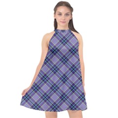 Purple Plaid Tartan 1 Diagonal Halter Neckline Chiffon Dress  by dressshop