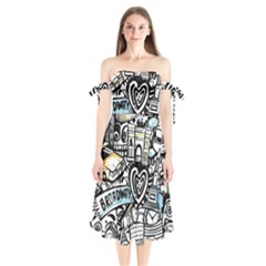 Doodle New York City Nyc Shoulder Tie Bardot Midi Dress by Salmanaz77