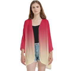 Crimson Red To Cream Yellow Linear Gradient Open Front 3/4 Sleeve Batwing Chiffon Cardigan Kimono by GradientsOmbre