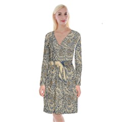 Brown Vintage Background Vintage Floral Pattern, Brown Long Sleeve Velvet Front Wrap Dress by kyorashop23