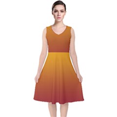 Amber Orange To Burgundy Red Linear Gradient V-neck Midi Sleeveless Dress  by GradientsOmbre