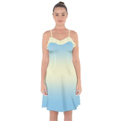Baby Blue To Cream Yellow Bilinear Gradient Ruffle Detail Chiffon Dress by GradientsOmbre
