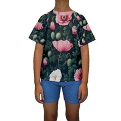 Poppy Flower Plant Petals Bloom Kids  Short Sleeve Swimwear by Grandong