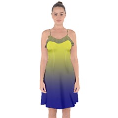 Electric Yellow To Navy Blue Linear Gradient Ruffle Detail Chiffon Dress by GradientsOmbre