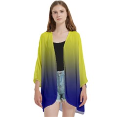 Electric Yellow To Navy Blue Linear Gradient Open Front 3/4 Sleeve Batwing Chiffon Cardigan Kimono by GradientsOmbre