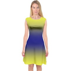 Electric Yellow To Navy Blue Bilinear Gradient Capsleeve Midi Dress by GradientsOmbre