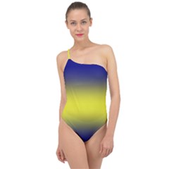 Navy Blue To Electric Yellow Bilinear Gradient Classic One Shoulder Swimsuit by GradientsOmbre