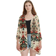 Christmas Tree Snow Open Front 3/4 Sleeve Batwing Chiffon Cardigan Kimono by Bedest