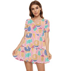 Ice Cream Donut Sweets Candie Tiered Short Sleeve Babydoll Dress by Apenda