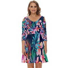 Hawaiian Flowers Hawaii Shoulder Cut Out Zip Up Dress by Cemarart