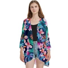 Hawaiian Flowers Hawaii Open Front 3/4 Sleeve Batwing Chiffon Cardigan Kimono by Cemarart