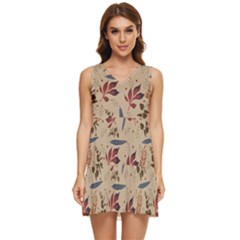 Leaves Pattern Teal Seamless Fall Tiered Sleeveless Mini Dress by Sabxi
