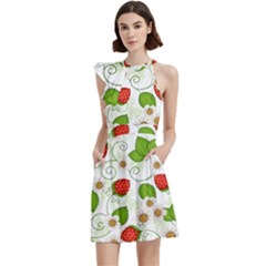 Strawberry Fruit Pattern Leaves Cocktail Party Halter Sleeveless Dress With Pockets by Sabxi