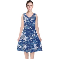 Blue, Camouflage, Cool, Navy, New, Pattern V-neck Midi Sleeveless Dress  by kyorashop23