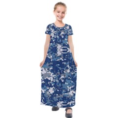 Blue, Camouflage, Cool, Navy, New, Pattern Kids  Short Sleeve Maxi Dress by kyorashop23