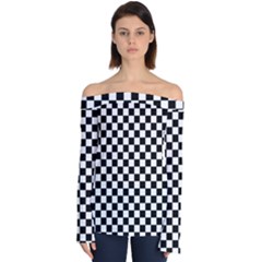 Pattern Checkered Squares Black White Pattern Off Shoulder Long Sleeve Top by Sabxi