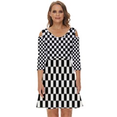 Pattern Checkered Squares Black White Pattern Shoulder Cut Out Zip Up Dress by Sabxi