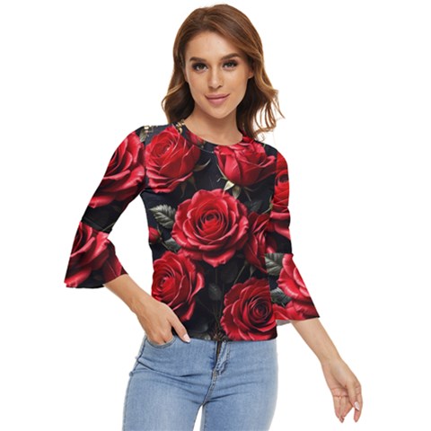 Red Roses Bell Sleeve Top by Sabxi