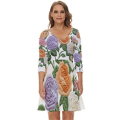 Embroidery Roses Floral Design Shoulder Cut Out Zip Up Dress by Sabxi