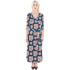 Retro 1880s Flowers Pattern 7 Quarter Sleeve Wrap Maxi Dress by violetheavensky