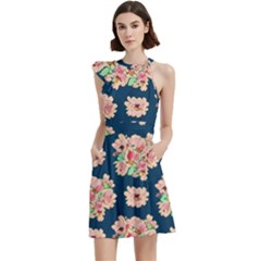 Retro 1880s Flowers Pattern 7 Cocktail Party Halter Sleeveless Dress With Pockets by violetheavensky