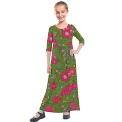 Mid Century Retro Floral 1970s 1960s Pattern 88 Kids  Quarter Sleeve Maxi Dress by violetheavensky