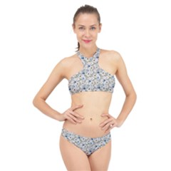 Grey Roses High Neck Bikini Set by DinkovaArt