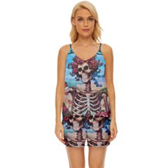 Grateful Dead Hippie Peace Roses Rock Music Legend V-neck Satin Pajamas Set by Tsamara